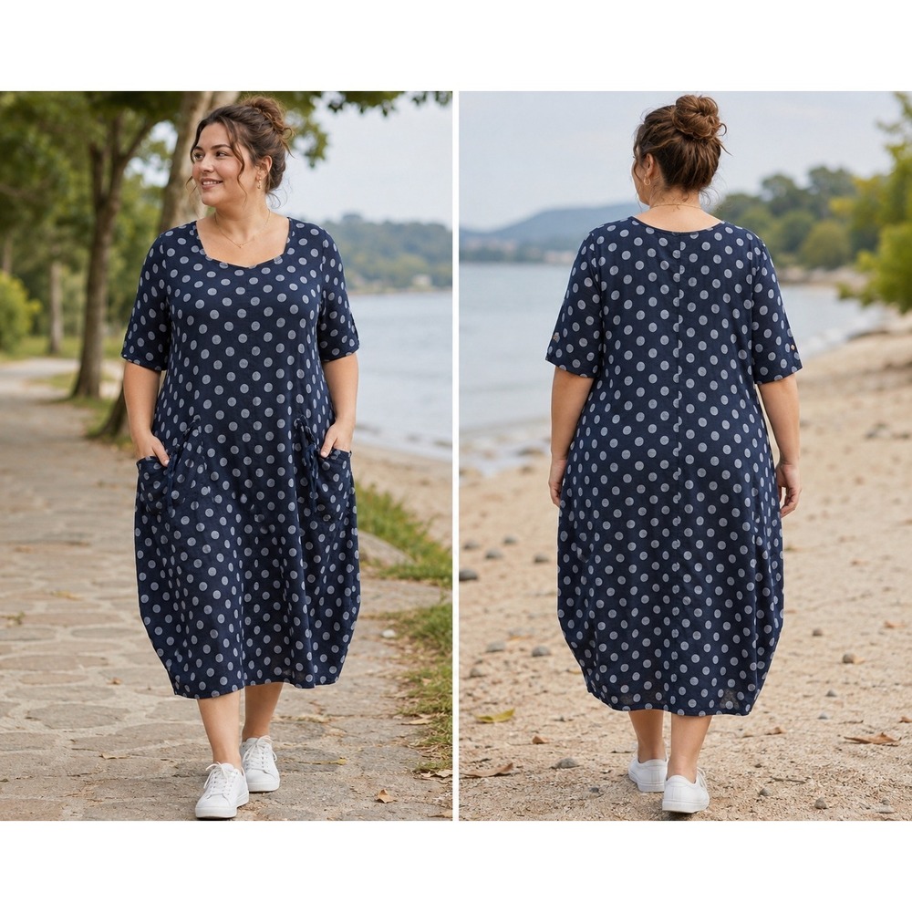 Colette Dress Womens XL? Navy Blue Polka Dot Linen Midi Made In Italy Lagenlook